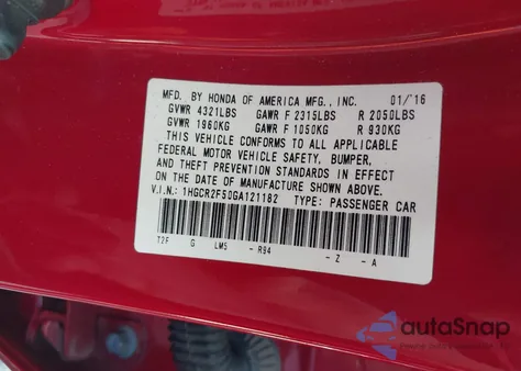 2016 Honda Accord Sport z USA, uszkodzony, nr VIN 1HGCR2F50GA121182